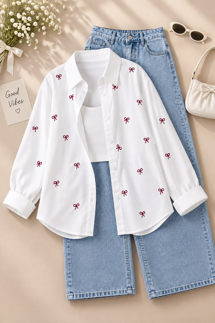 Women White Printed Bow Detail Shirt