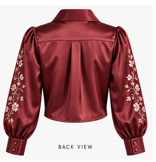 Women Maroon Satin Floral Embroidered Crop Shirt