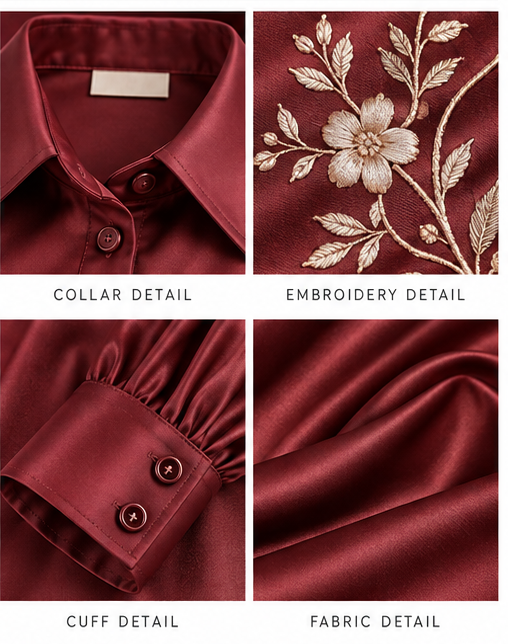Women Maroon Satin Floral Embroidered Crop Shirt
