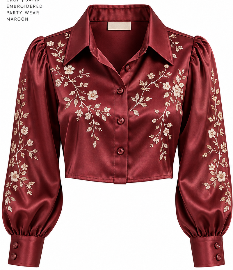 Women Maroon Satin Floral Embroidered Crop Shirt
