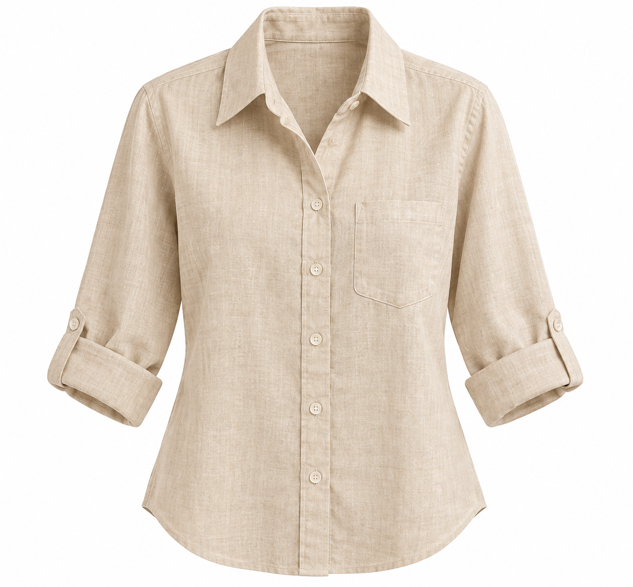 Women Beige Linen Style Roll-Up Sleeve Shirt