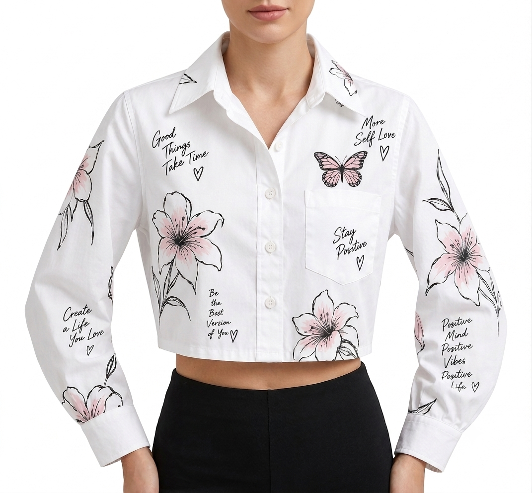 Women White Floral Graphic Crop Shirt