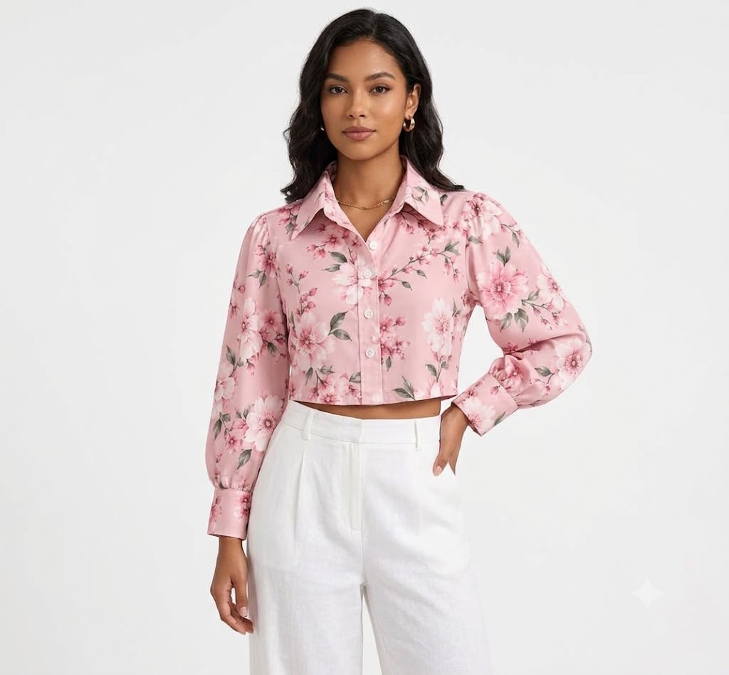 Women Pink Floral Crop Shirt