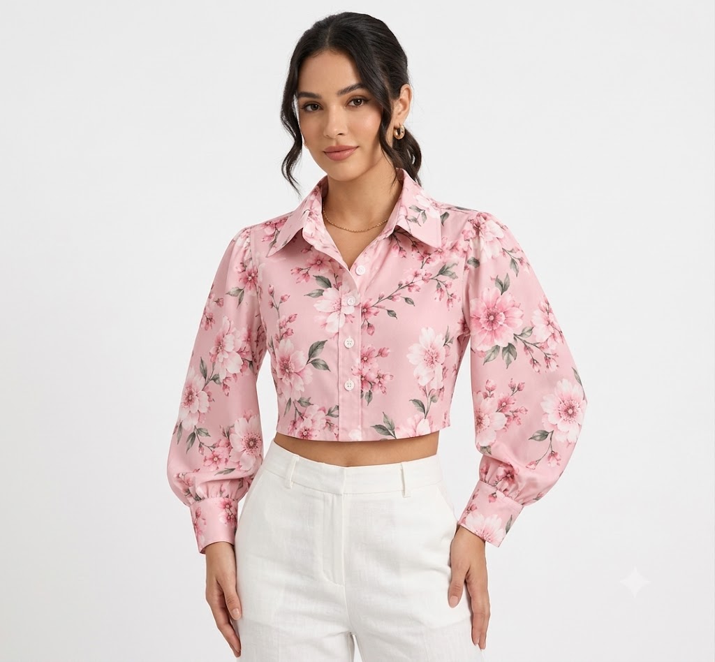 Women Pink Floral Crop Shirt