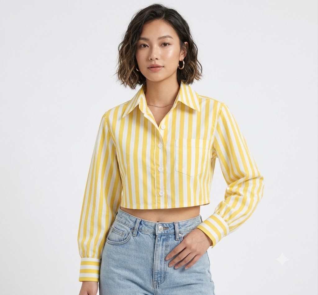 Women Yellow & White Striped Crop Shirt