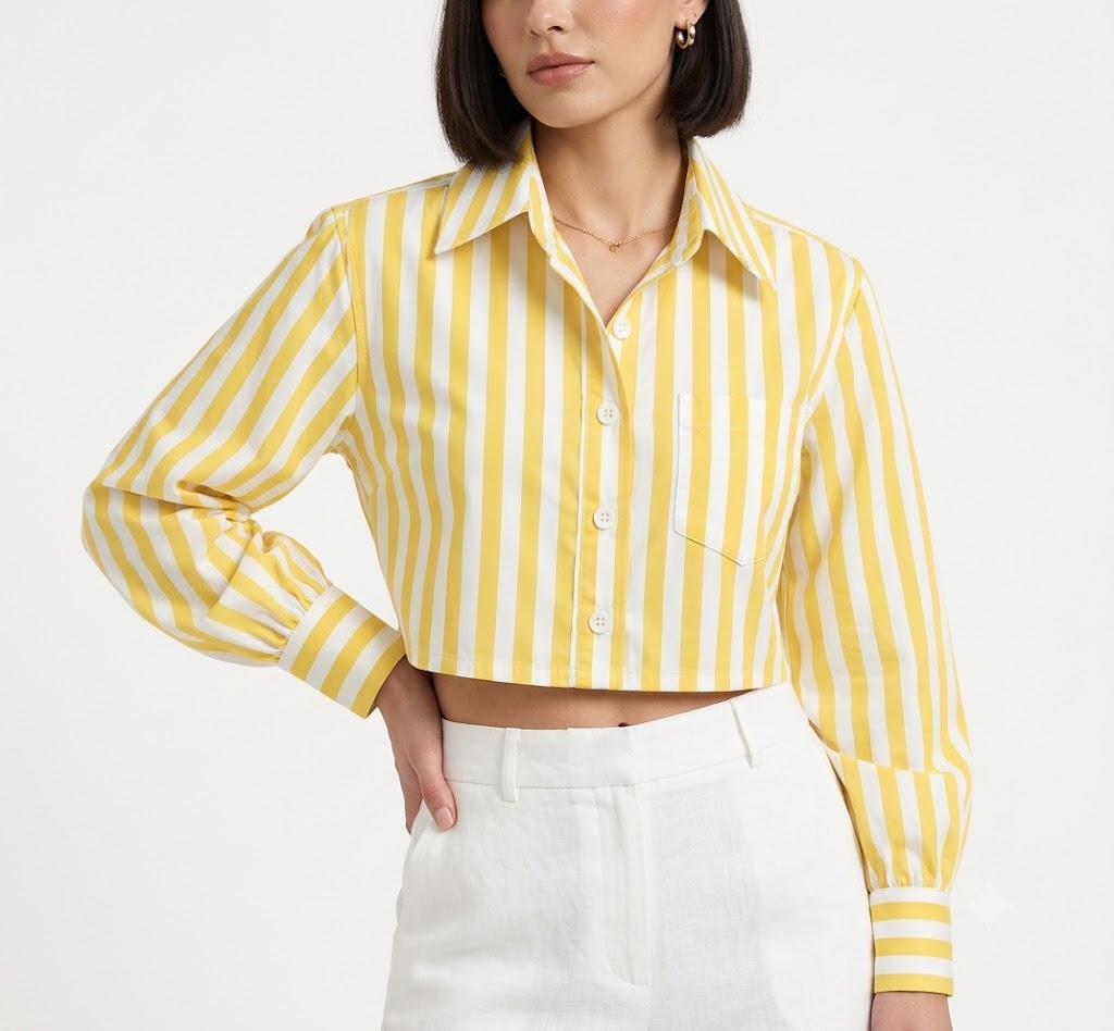 Women Yellow & White Striped Crop Shirt