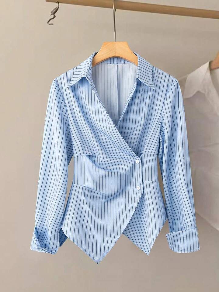 Women Blue Pinstripe Wrap Waist Shirt