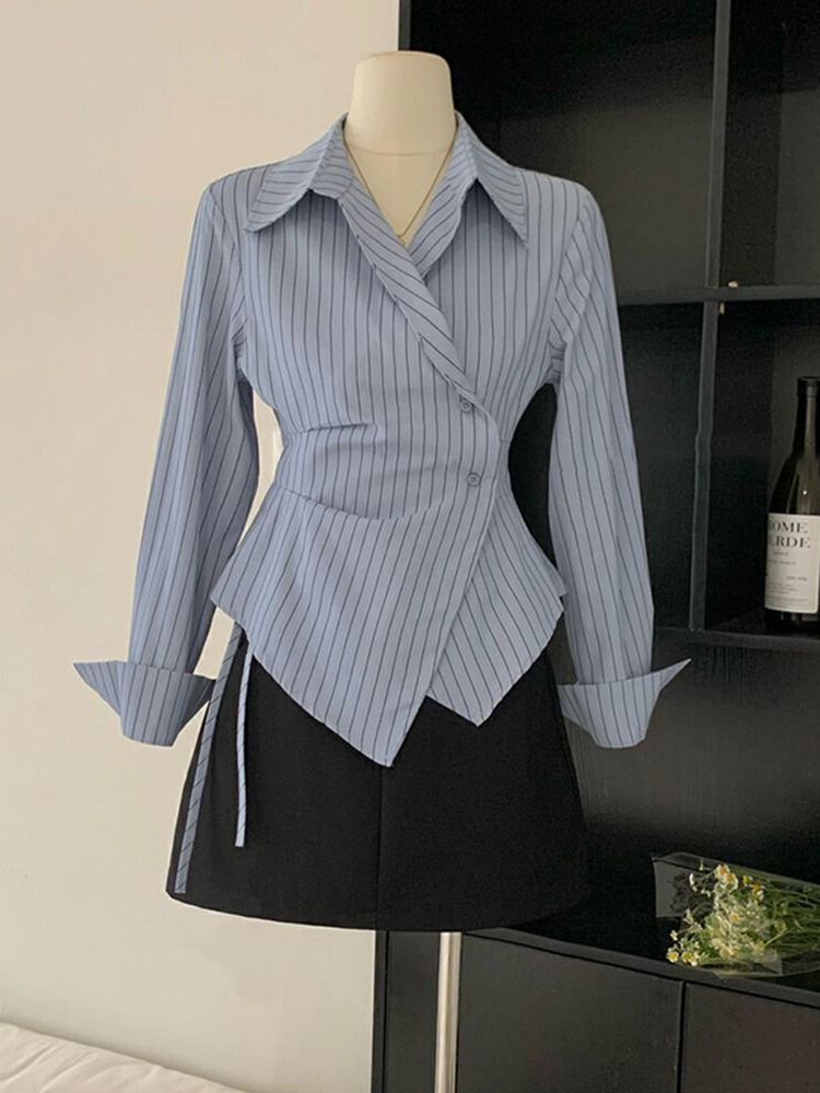 Women Blue Pinstripe Wrap Waist Shirt