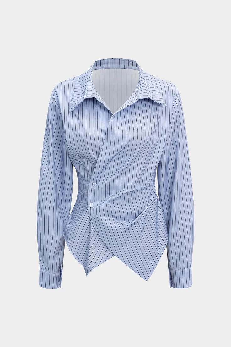 Women Blue Pinstripe Wrap Waist Shirt