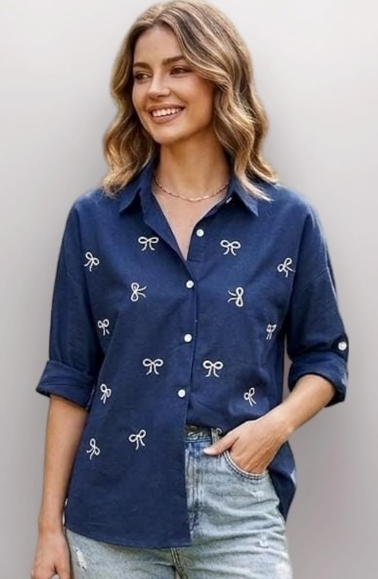 Women Navy Bow Print Short Sleeve Crop Shirt