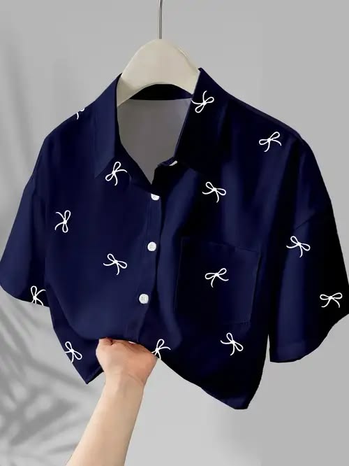 Women Navy Bow Print Short Sleeve Crop Shirt