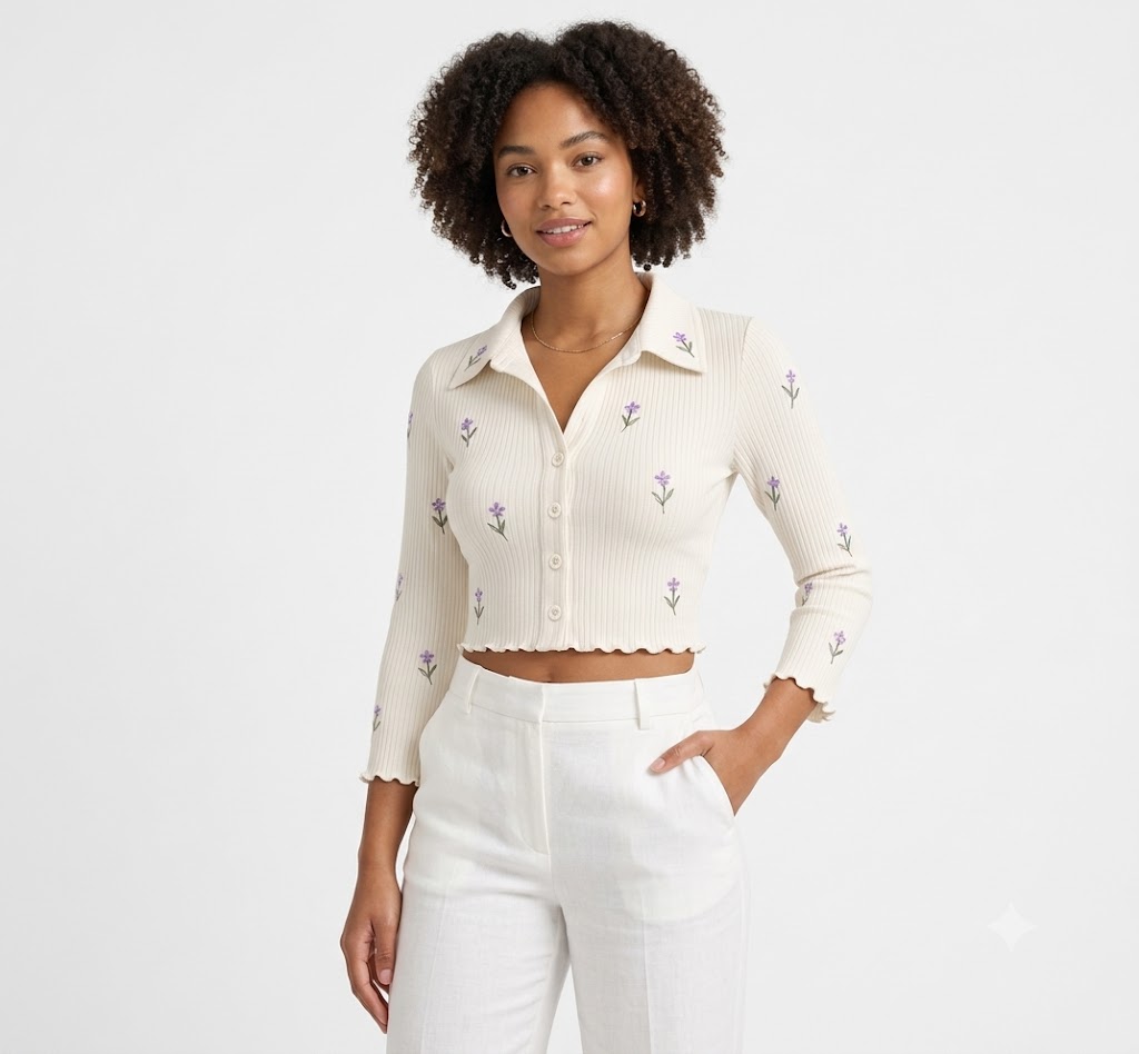 Women Ivory Ribbed Floral Embroidered Cardigan