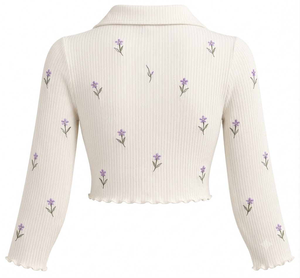 Women Ivory Ribbed Floral Embroidered Cardigan