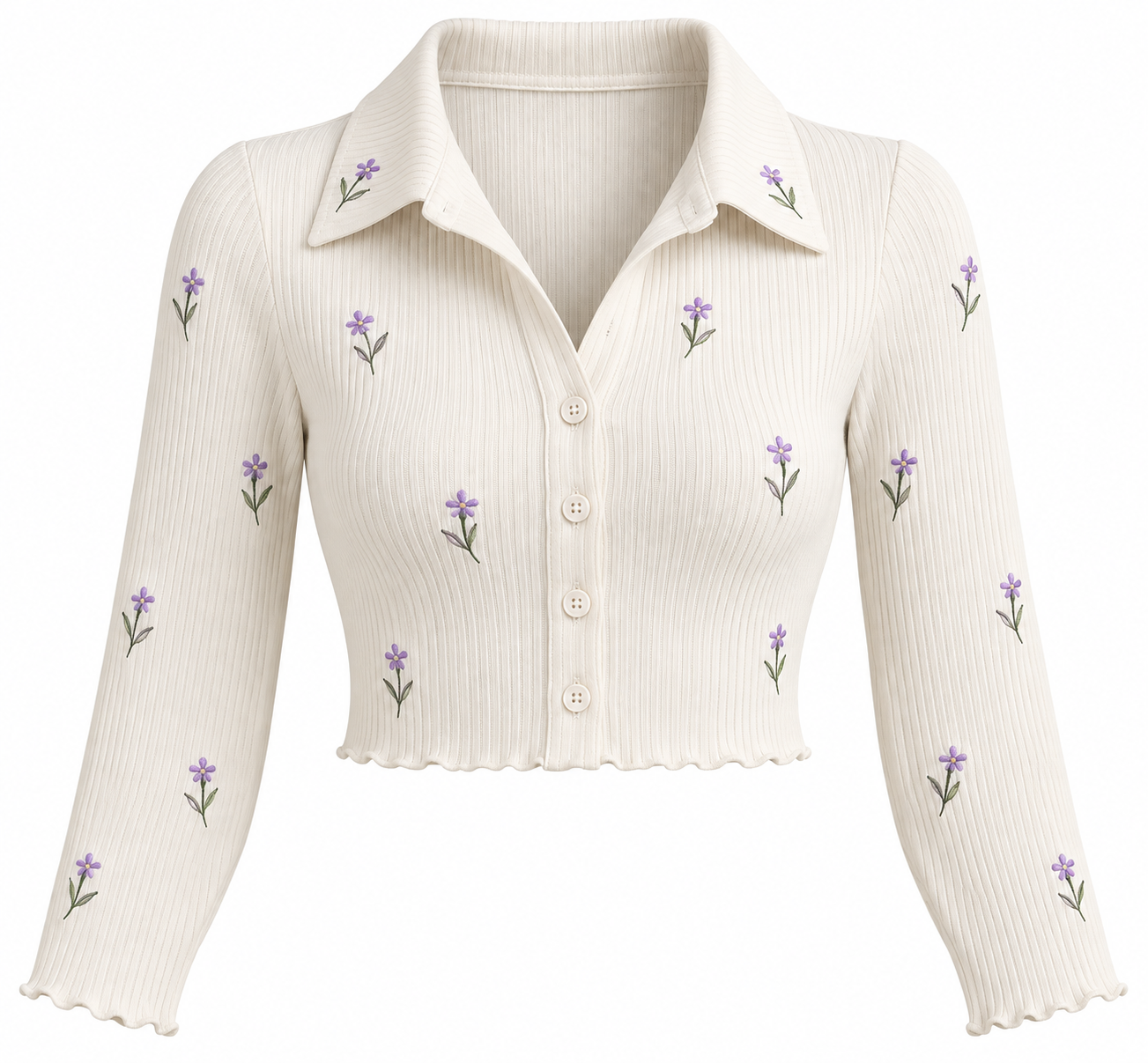 Women Ivory Ribbed Floral Embroidered Cardigan