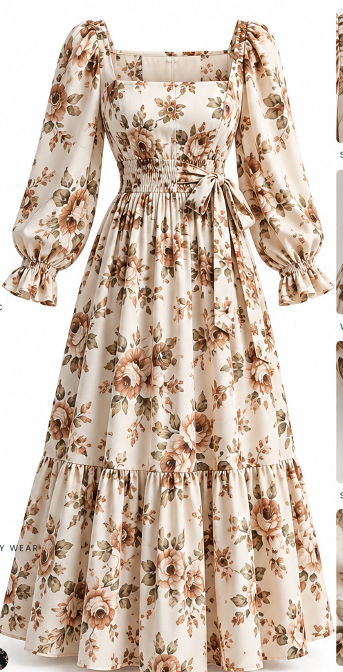 Beige Floral Printed Flare Maxi Dress