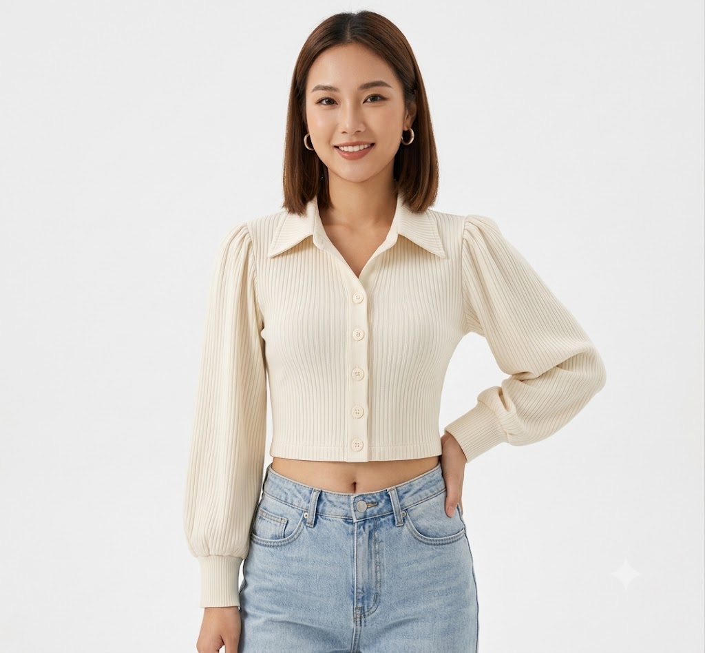 Women Ivory Ribbed Puff Sleeve Crop Cardigan