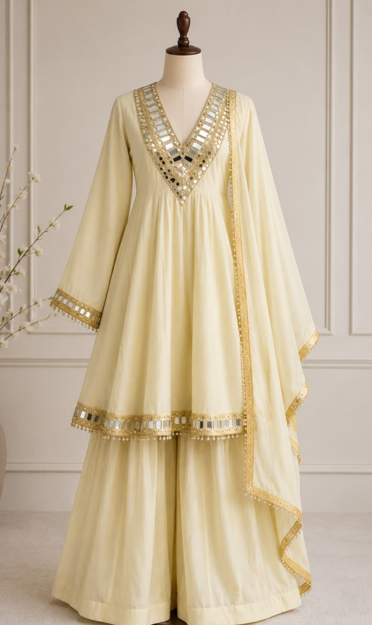 Women Ivory Gold Embroidered Anarkali Suit Set