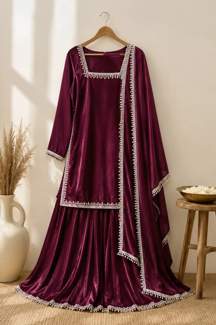 Women Wine Velvet Embroidered Sharara Suit
