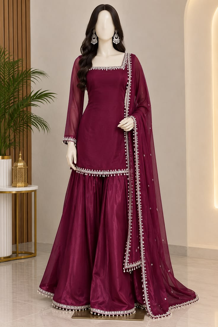 Women Wine Velvet Embroidered Sharara Suit