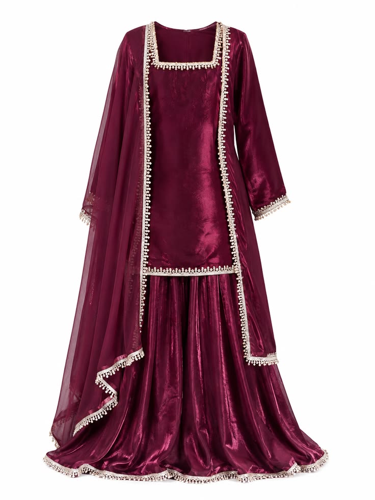 Women Wine Velvet Embroidered Sharara Suit