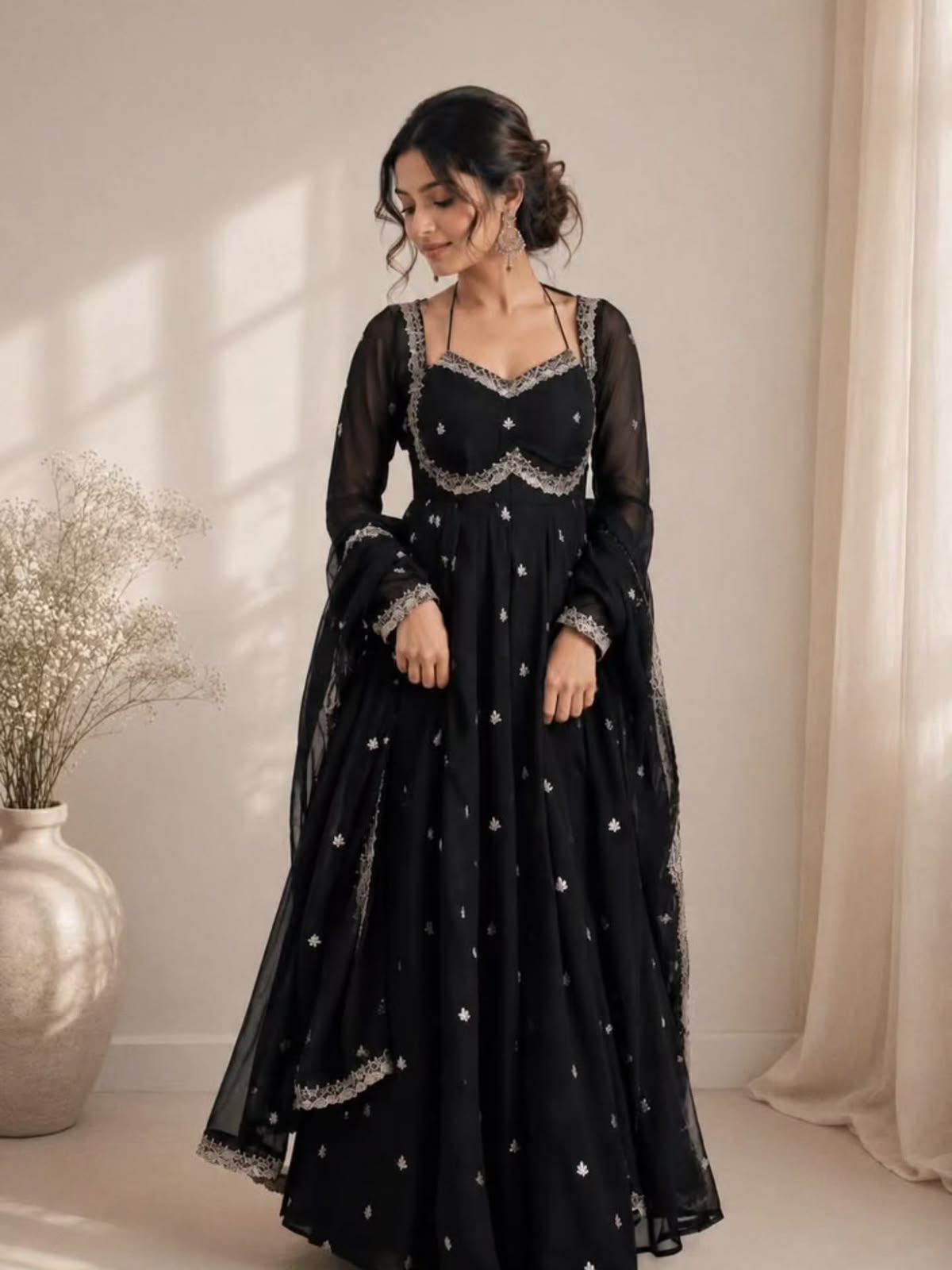 Women Black Embroidered Anarkali Gown Suit
