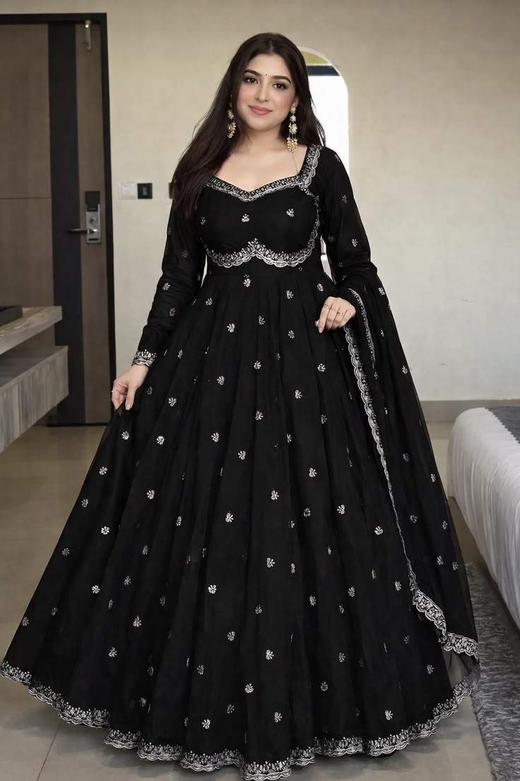 Women Black Embroidered Anarkali Gown Suit