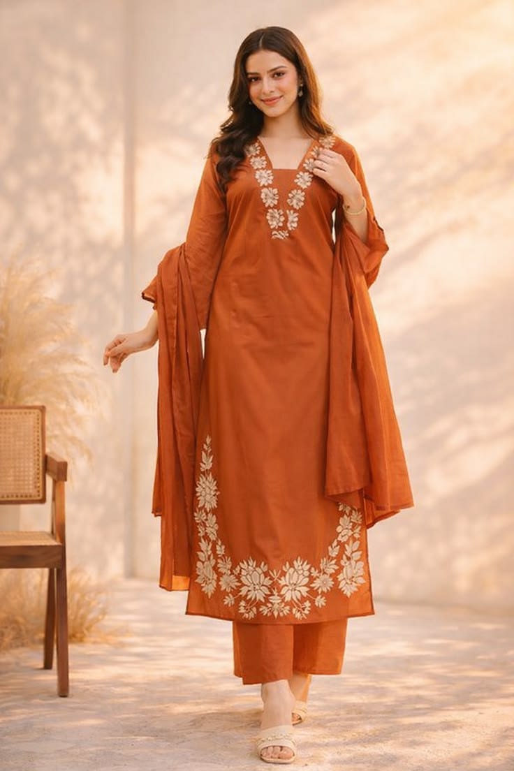 Women Rust Orange Floral Embroidered Suit Set