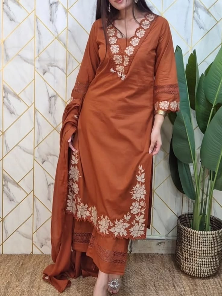 Women Rust Orange Floral Embroidered Suit Set