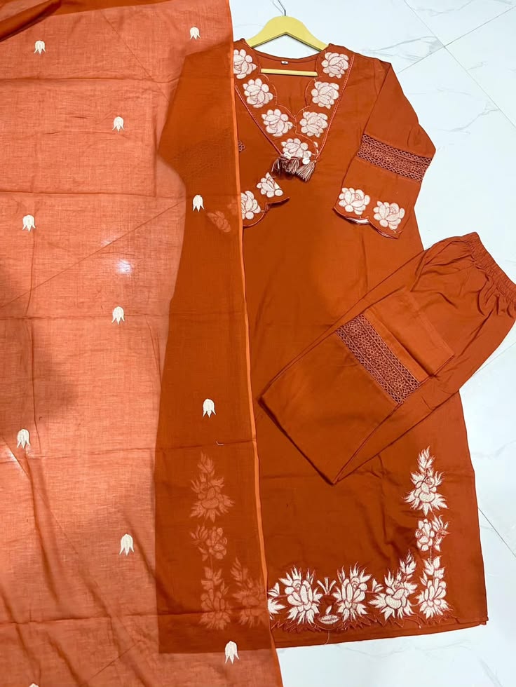 Women Rust Orange Floral Embroidered Suit Set