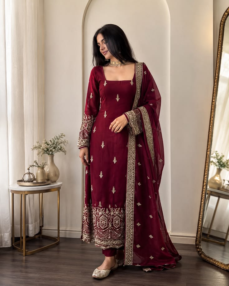 Women Burgundy Embroidered Straight Suit Set