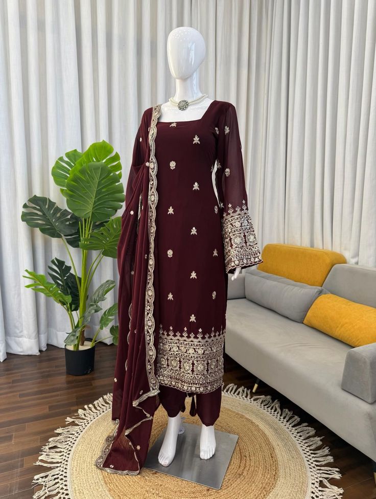 Women Burgundy Embroidered Straight Suit Set