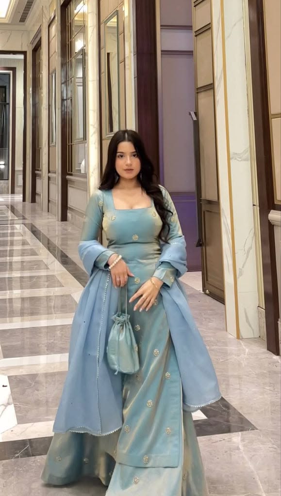 Women Powder Blue Embroidered Tissue Suit