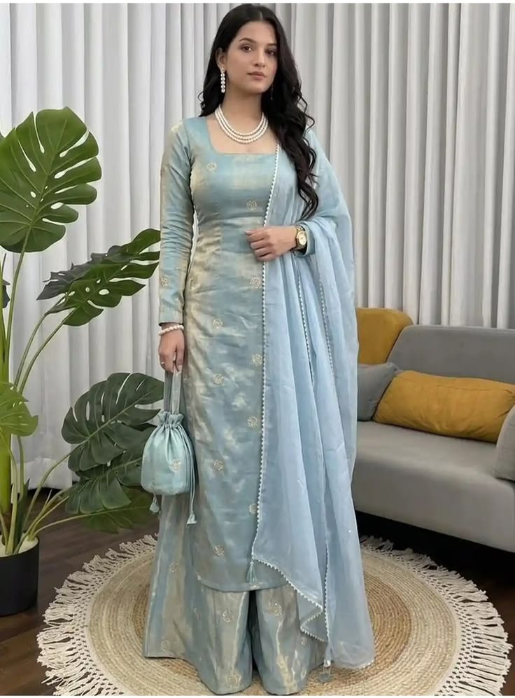 Women Powder Blue Embroidered Tissue Suit
