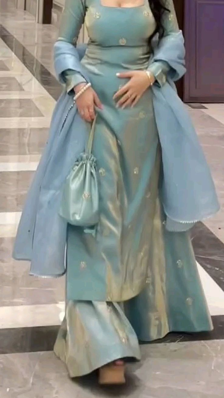 Women Powder Blue Embroidered Tissue Suit