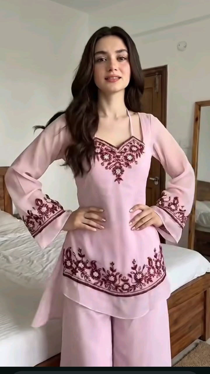 Women Blush Pink Embroidered Peplum Sharara Set