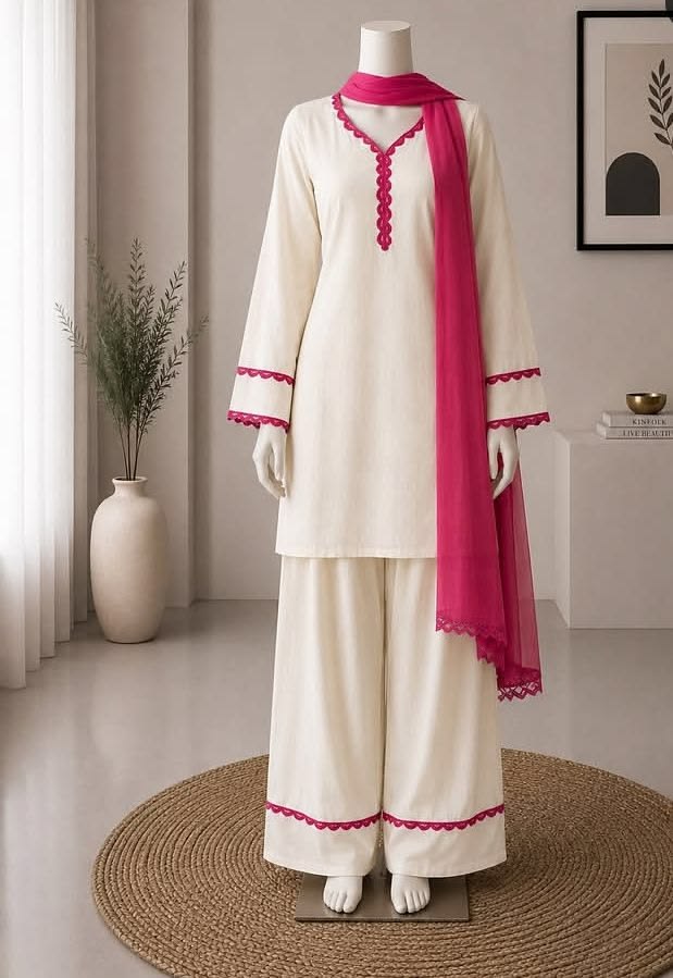 Women Ivory Pink Embroidered Palazzo Suit
