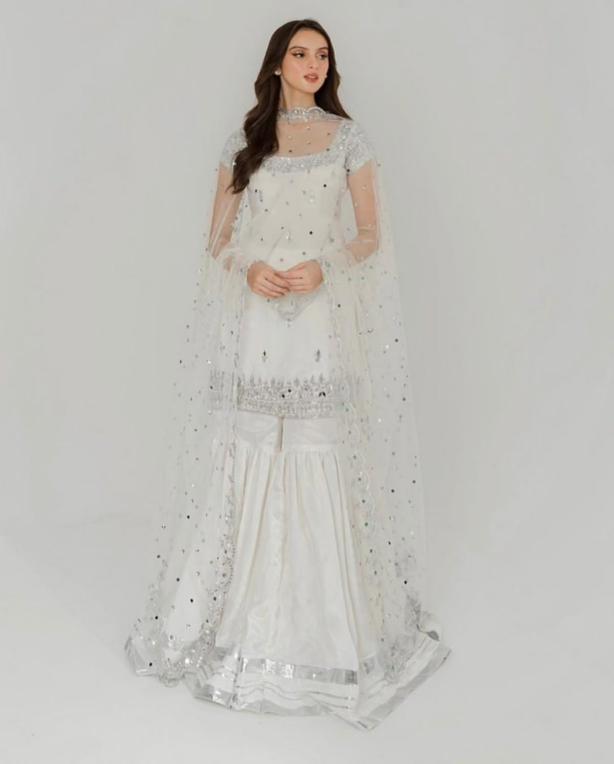 Women White Silver Embroidered Sharara Suit
