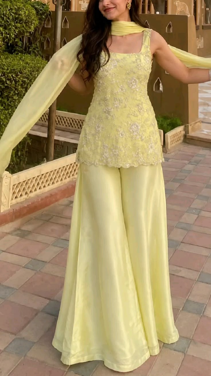 Women Pastel Yellow Embroidered Palazzo Suit