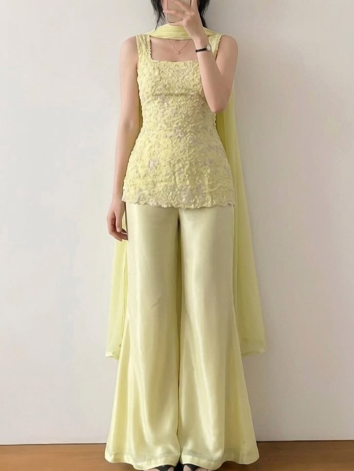 Women Pastel Yellow Embroidered Palazzo Suit