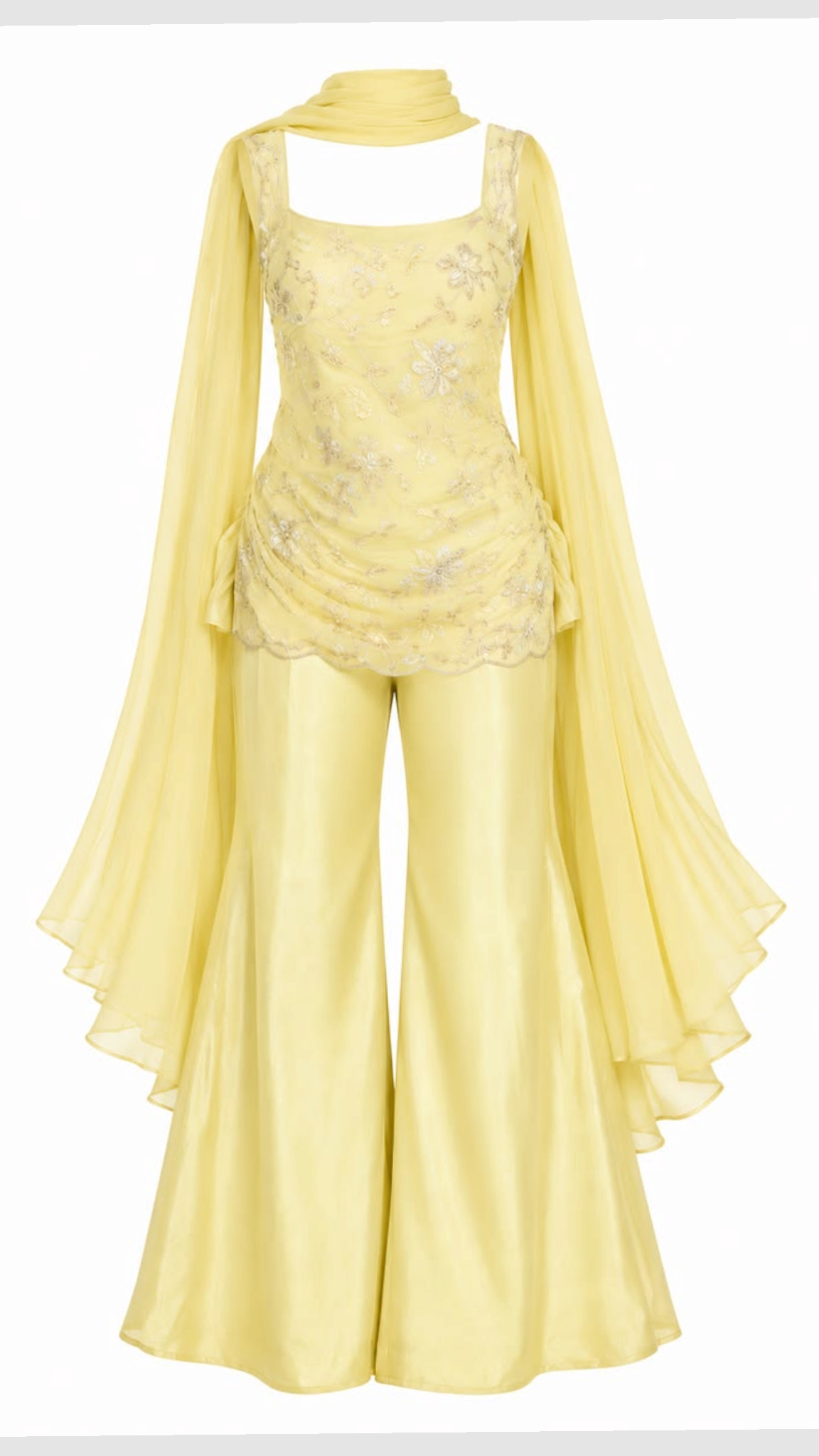 Women Pastel Yellow Embroidered Palazzo Suit