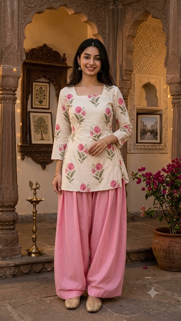 Women Ivory Pink Floral Printed Palazzo Set