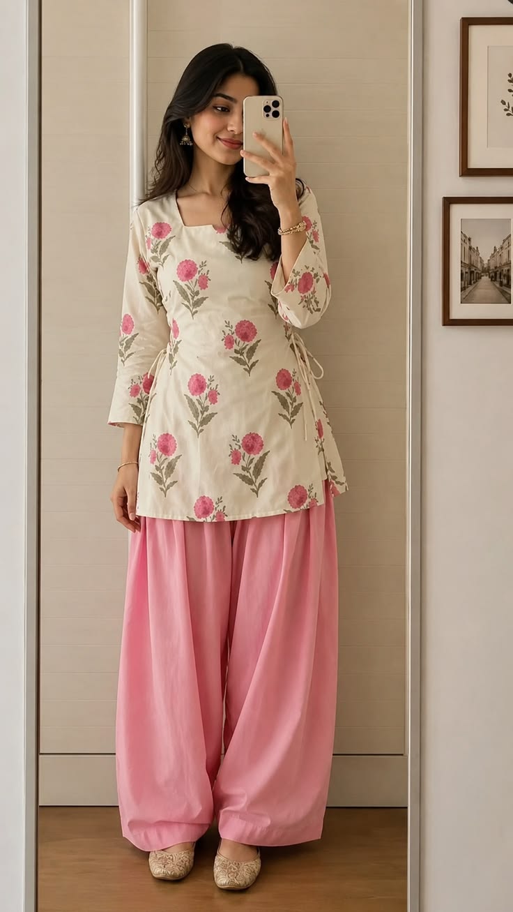 Women Ivory Pink Floral Printed Palazzo Set