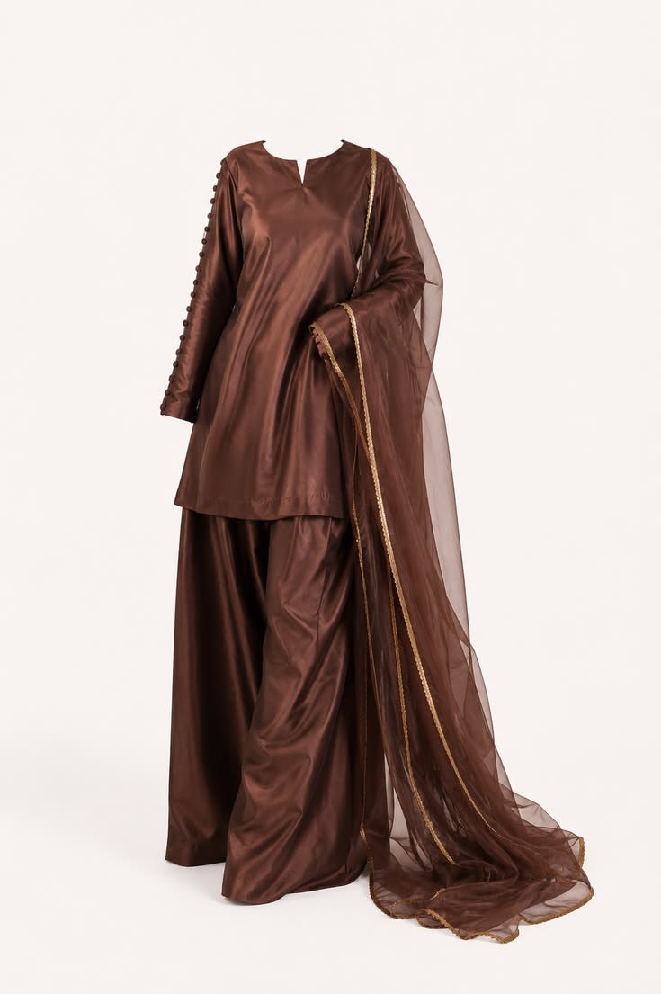 Women Chocolate Brown Silk Suit Set