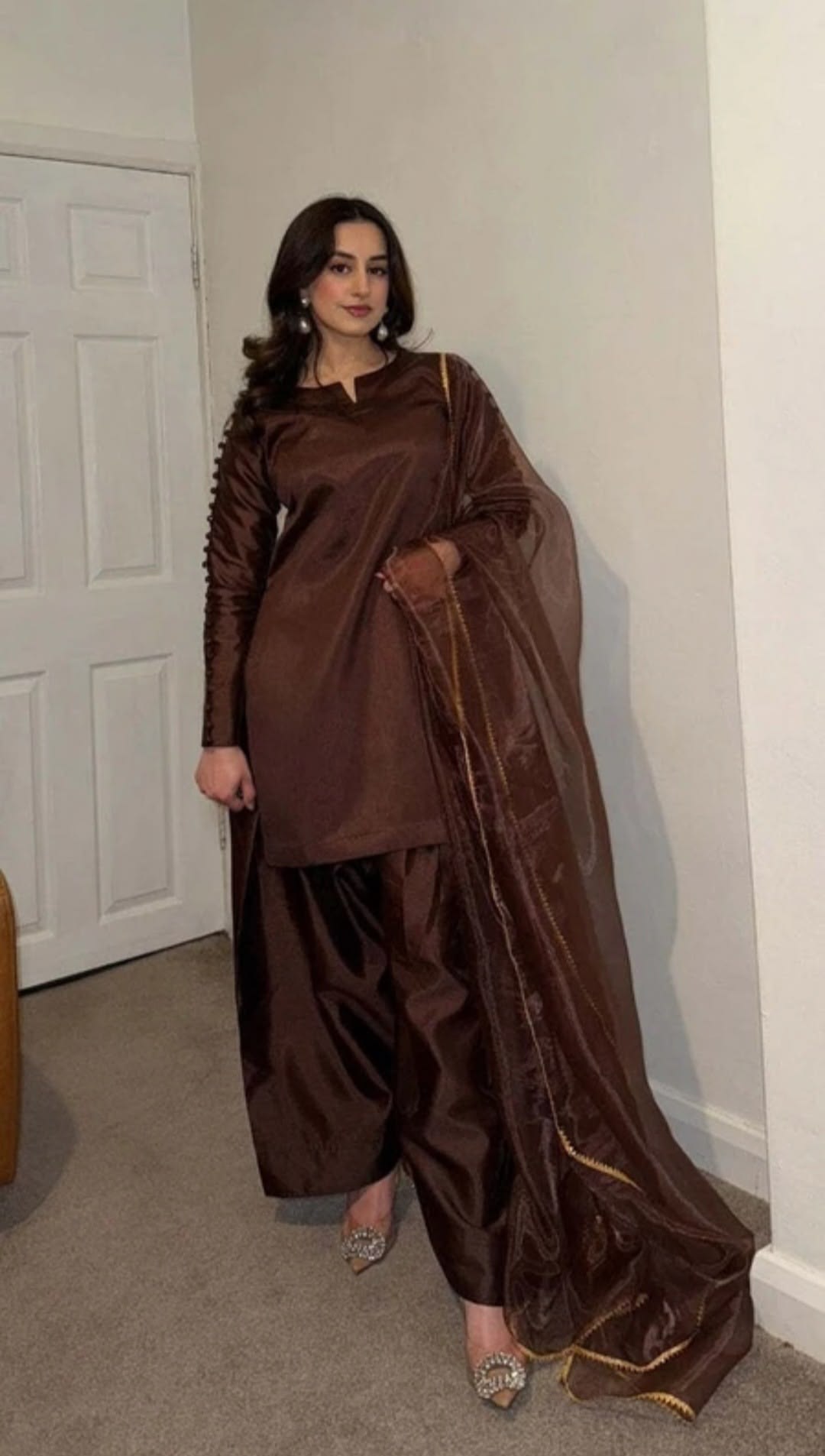Women Chocolate Brown Silk Suit Set