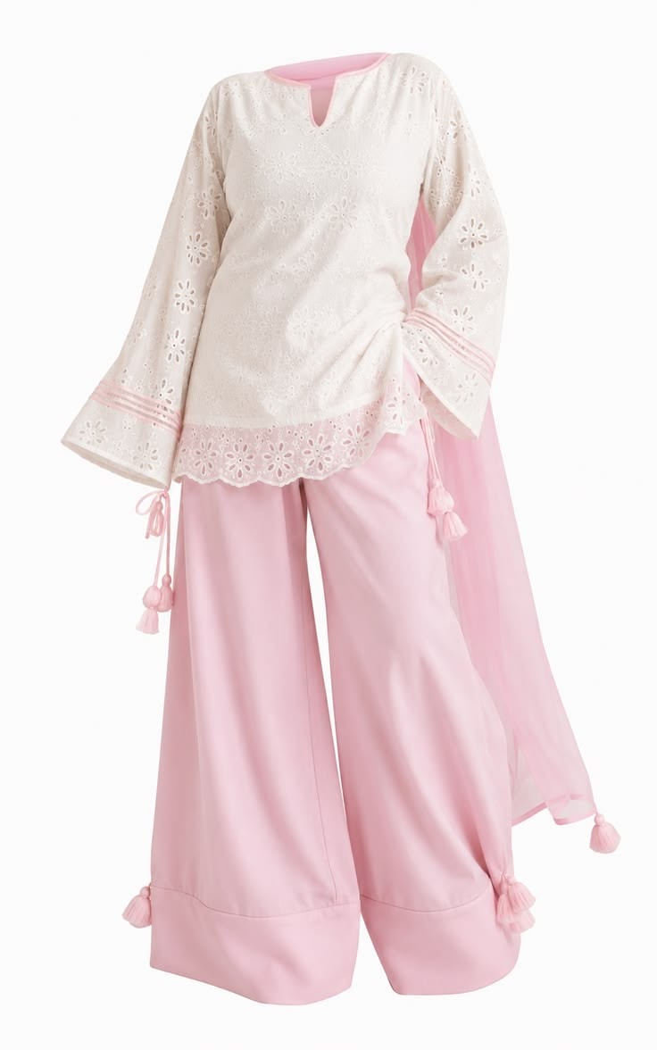 Women White Pink Chikankari Style Palazzo Set