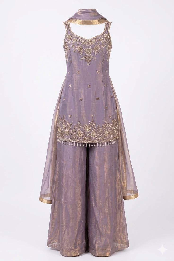 Women Mauve Gold Embroidered Palazzo Suit