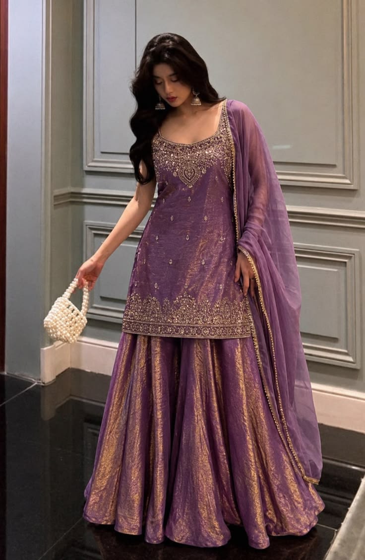 Women Mauve Gold Embroidered Palazzo Suit