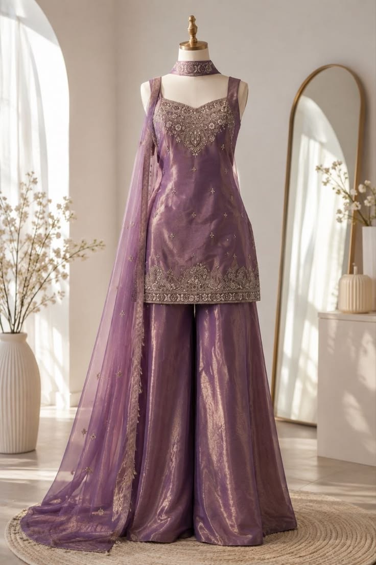 Women Mauve Gold Embroidered Palazzo Suit
