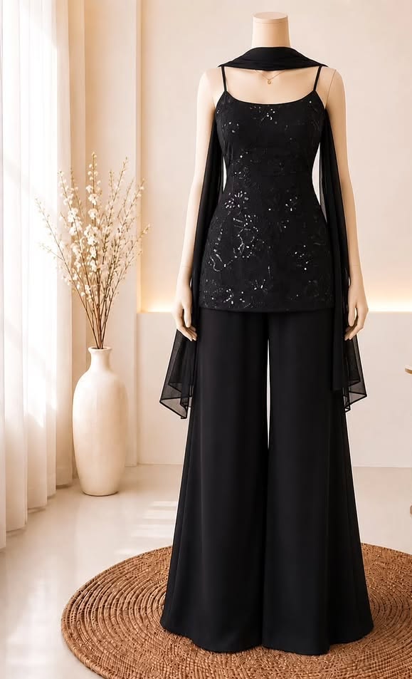 Women Black Sequin Embroidered Palazzo Suit