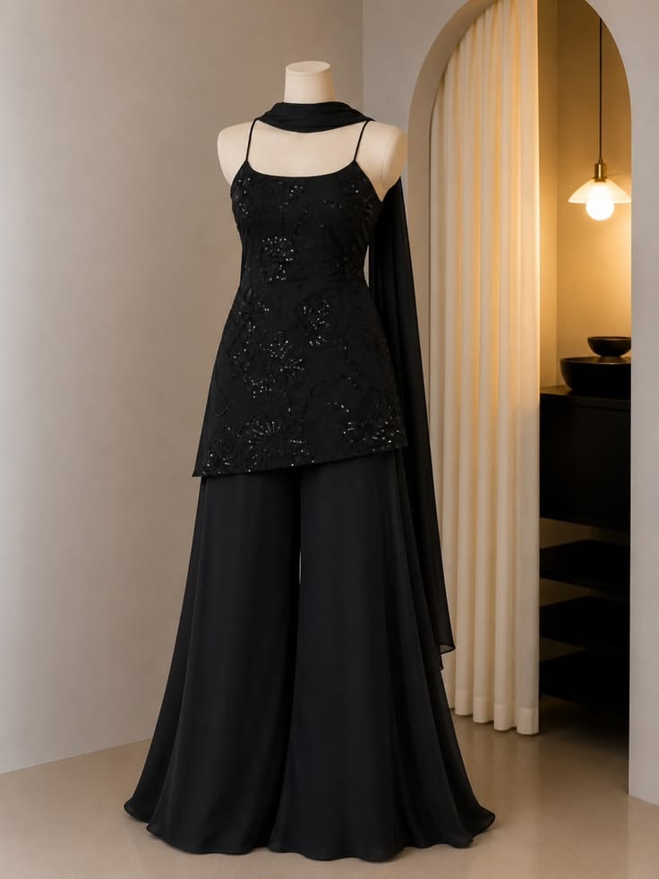 Women Black Sequin Embroidered Palazzo Suit